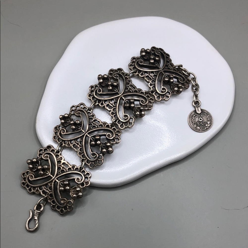 Exotic Middle Eastern Scroll Links Metal Bracelet Vintage Coin Charm Statement.